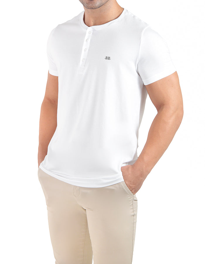 Kit Henley C/3 Camisetas premium gola padre algodão egípcio  branco, azul claro e preto  - Duzome