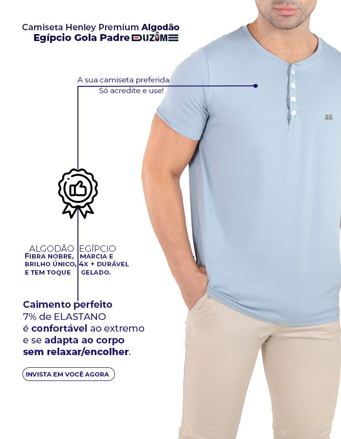 Camiseta henley gola padre marinho premium algodão egípcio  - Duzome