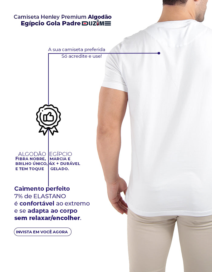 Camiseta henley gola padre azul claro premium algodão egípcio  - Duzome