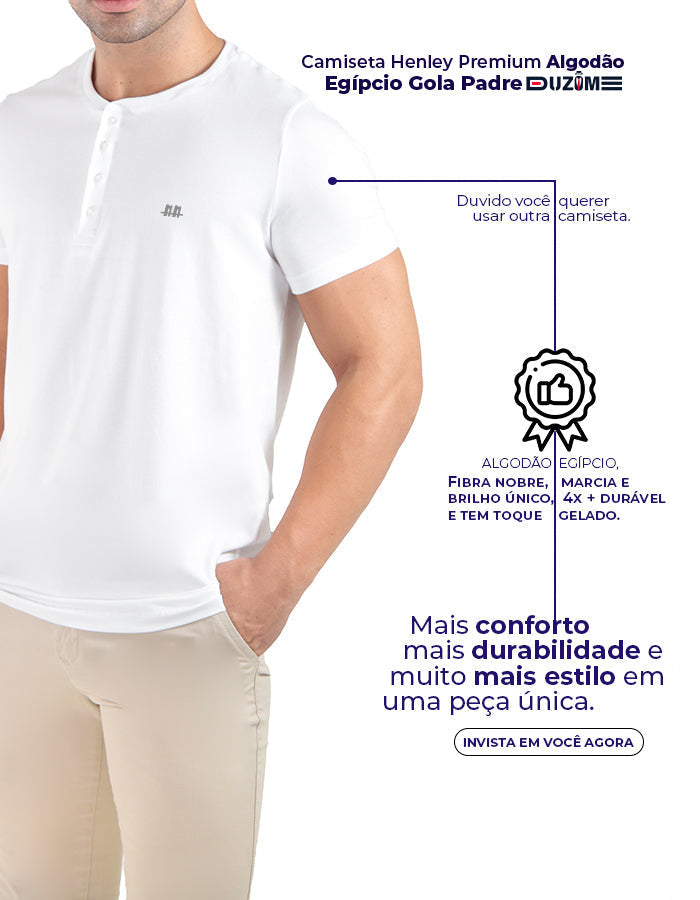 Camiseta henley gola padre azul claro premium algodão egípcio  - Duzome