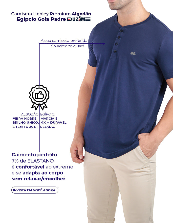 Camiseta henley gola padre marinho premium algodão egípcio  - Duzome