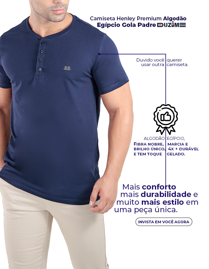 Camiseta henley gola padre marinho premium algodão egípcio  - Duzome