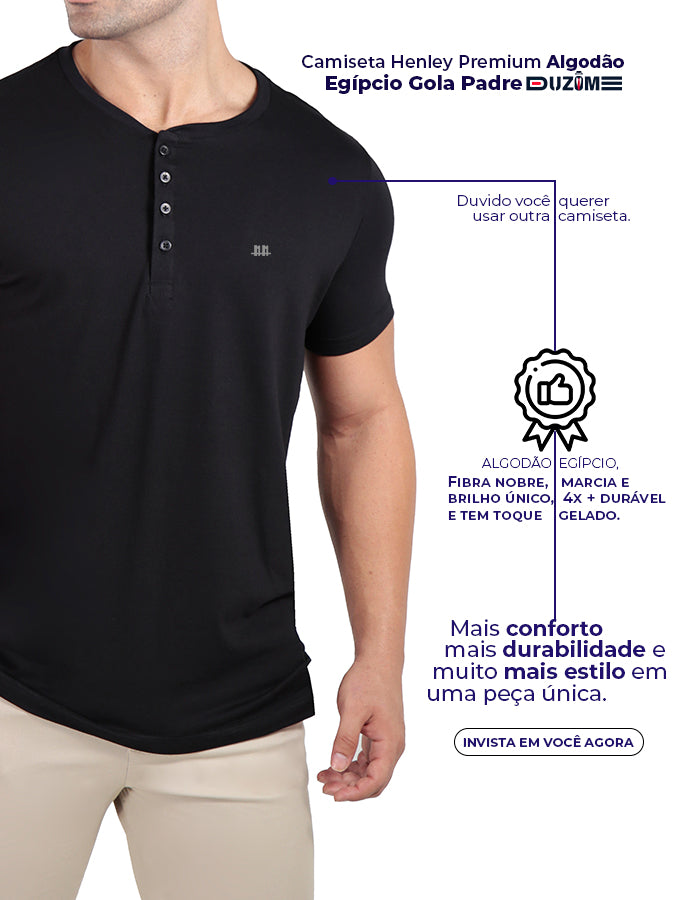 Camiseta henley gola padre azul claro premium algodão egípcio  - Duzome