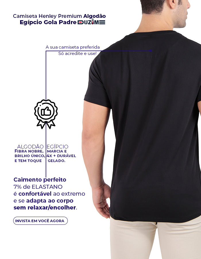 Camiseta henley gola padre marinho premium algodão egípcio  - Duzome