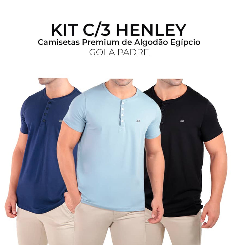 Kit Henley C/3 Camisetas premium gola padre algodão egípcio  branco, azul claro e preto  - Duzome