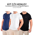 Kit Henley C/3 Camisetas premium gola padre algodão egípcio  branco, azul claro e preto  - Duzome