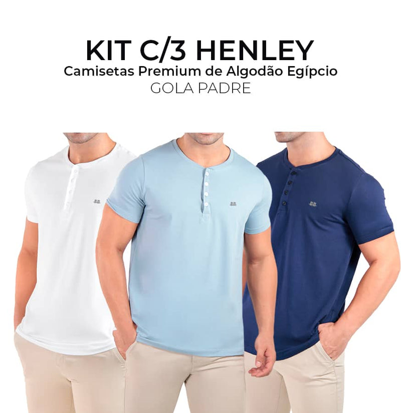 Kit Henley C/3 Camisetas premium gola padre algodão egípcio  branco, azul claro e preto  - Duzome