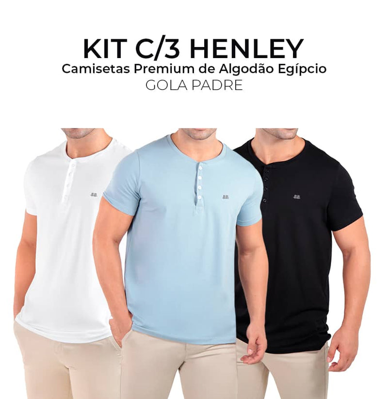 Kit Henley C/3 Camisetas premium gola padre algodão egípcio  branco, azul claro e preto  - Duzome